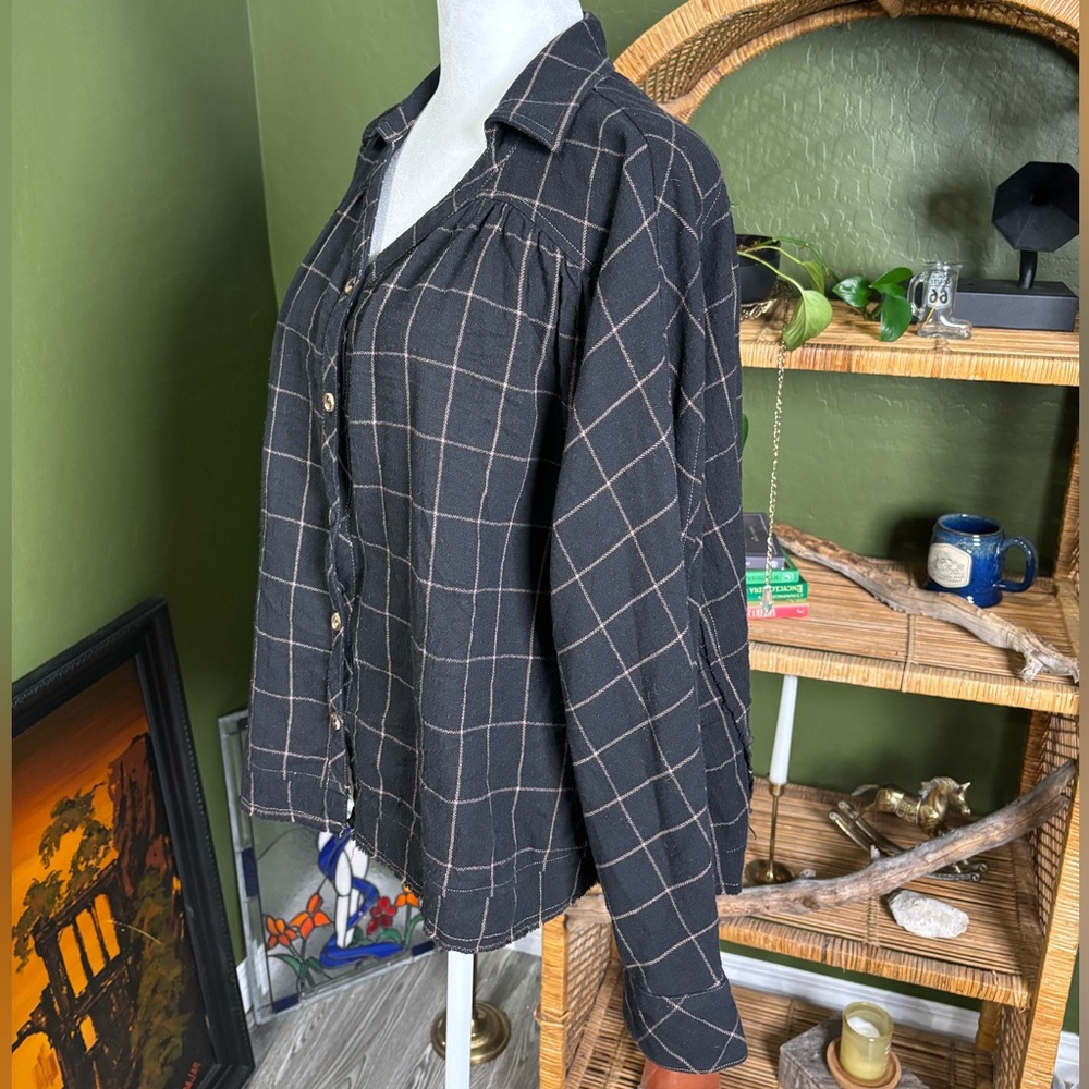 Black Carly Jean LA Boutique Windowpane Boxy Babydoll Button-Up Top Shirt